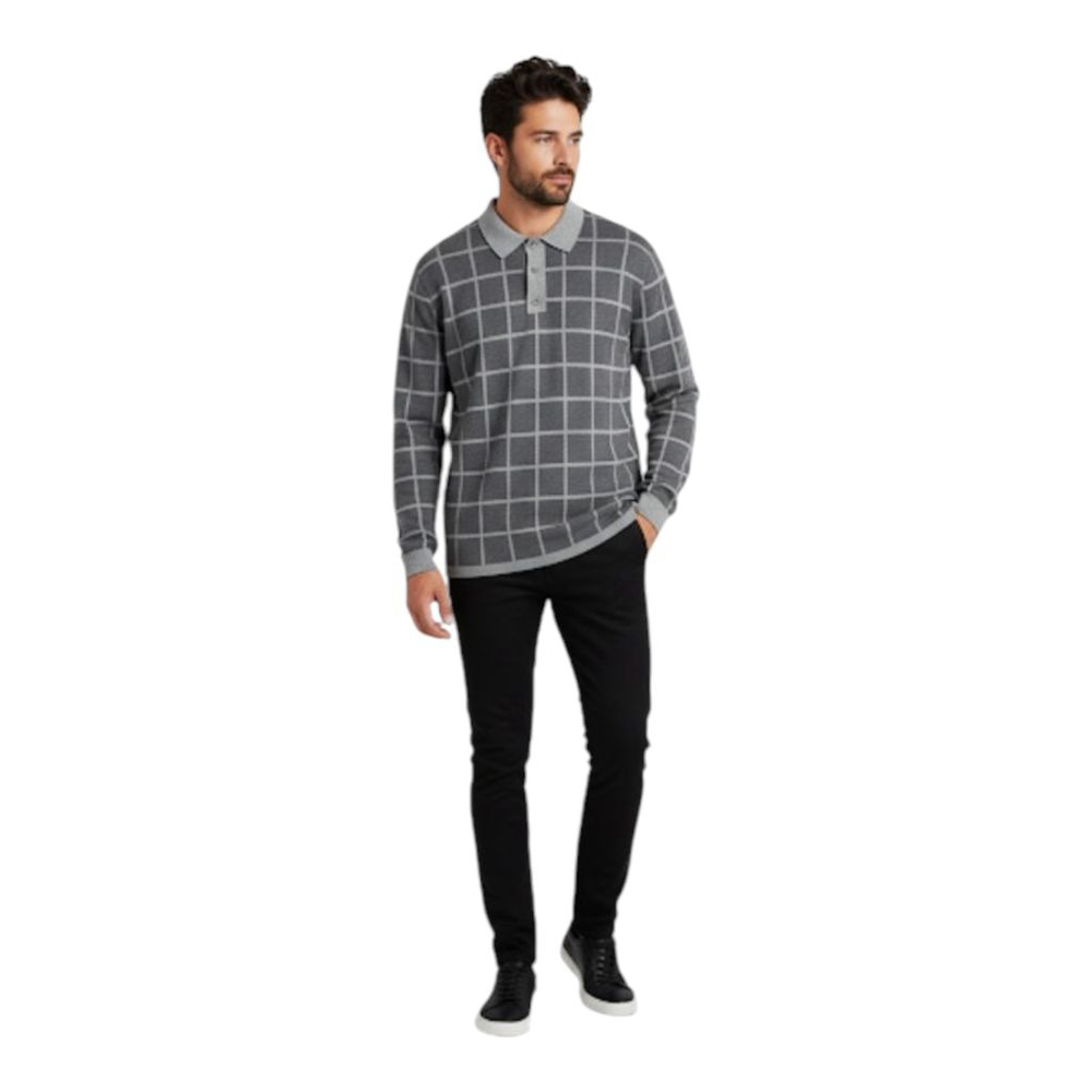 Meticulous Knitwear Gray Windowpane Cotton Merino Wool Blend Polo Sweater Size L